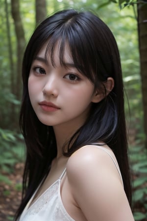 (((deep in the woods))),((looks at viewer)),(((Only the face enters the camera))), (Focus on the face),
人物：a korean girl,Pure and lovely korean girl,(low-cut),
優化：(((Realistic and delicate high-resolution structure: 1.4, Realistic and delicate high-quality structure: 1.4))),
頭髮：(((long hair))),(bangs),
服飾：(white spaghetti strap sheer vest),