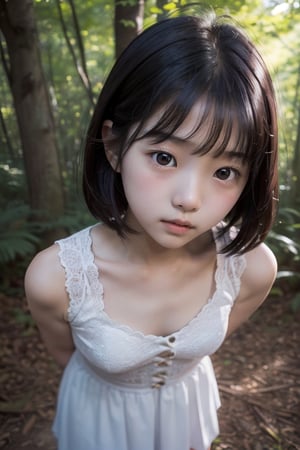 (((deep in the woods))),(looking at the audience),(focus on face),(First-person perspective),
人：(((a korean little girl:1.3))),(Korean actress Lim Yoona),Pure and restrained little girl,(((little girl of elementary school age))),(low cut),(childish breasts),(childish body),
優：(((16K texture structure))),
髮：(bangs),