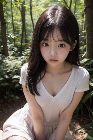 (((deep in the woods))),(looking at the audience),(focus on face),(First-person perspective),(close to the camera, close to the audience),
人：(((a korean little girl:1.3))),(Korean actress Lim Yoona),Pure and restrained little girl,(((little girl of elementary school age))),(low cut),(childish breasts),(childish body),
優：(((16K texture structure))),
髮：(bangs),