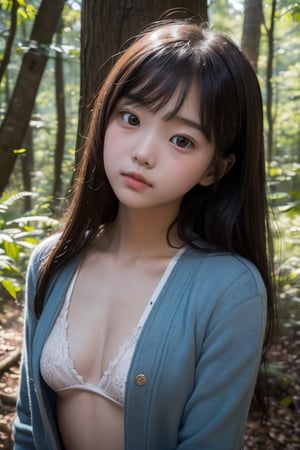 (((deep in the woods))),(looking at the audience),(focus on face),
人：(((a korean little girl:1.3))),(Korean actress Lim Yoona),Pure and restrained little girl,(((little girl of elementary school age))),(low cut),(childish breasts),
優：(((16K texture structure))),
髮：(bangs),