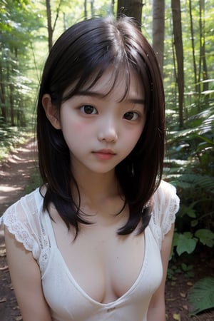 (((deep in the woods))),(looking at the audience),(focus on face),
人：(((a korean little girl:1.3))),(Korean actress Lim Yoona),Pure and restrained little girl,(((little girl of elementary school age))),(low cut),(childish breasts),(childish body),
優：(((16K texture structure))),
髮：(bangs),