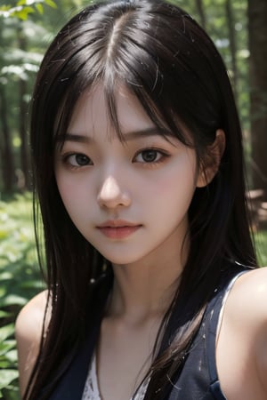 (((deep in the woods))),((looks at viewer)),(((Only the face enters the camera))), (Focus on the face),
人物：a korean girl,Pure and lovely korean girl,(low-cut),
優化：(((Realistic and delicate high-resolution structure: 1.4, Realistic and delicate high-quality structure: 1.4))),
頭髮：(((long hair))),(bangs),
服飾：(white spaghetti strap sheer vest),