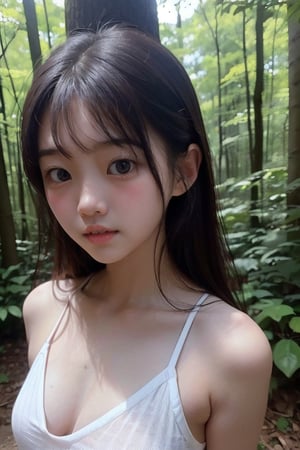 (((deep in the woods))),(looking at the audience),(focus on face),
人：(((a korean little girl:1.3))),(Korean actress Lim Yoona),Pure and restrained little girl,(((little girl of elementary school age))),(low cut),(childish breasts),(childish body),
優：(((16K texture structure))),
髮：(bangs),