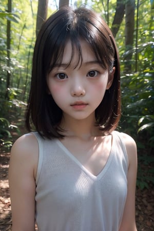 (((deep in the woods))),(looking at the audience),(focus on face),(First-person perspective),(close to the camera, close to the audience),
人：(((a korean little girl:1.3))),(Korean actress Lim Yoona),Pure and restrained little girl,(((little girl of elementary school age))),(low cut),(childish breasts),(childish body),
優：(((16K texture structure))),
髮：(bangs),