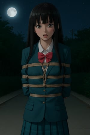 score_9, score_8_up, score_7_up, score_6_up, source_anime, solo, shibari, bondage, ,looking at viewer, upper body,  black hair, kuronuma sawako, school uniform, blazer, bowtie, open mouth, long hair, arms bent behind back bound, shibari over clothes, rope, bondage,, school pathway, night sky, moon,takatekote