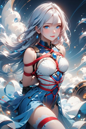 A close-up shot of a 19-year-old woman with striking features: shibari, bondage, arms behind back bound, rope, dark blue twin tails cascading down her back, bright blue eyes shining like sapphires, and an elegant physique that exudes refinement. She's dressed in a futuristic combat uniform, blending technological innovation with feminine flair - a flowing long skirt in blue and white hues, paired with mismatched stockings on either leg, adding a touch of whimsy to her overall appearance. The camera zooms in on her serene expression, highlighting the subtle curves of her features as she stands confidently, ready for whatever adventure lies ahead.,shibari