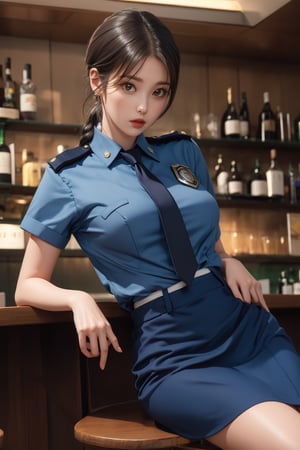 masterpiece,best quality,,retro artstyle,police blue uniform,(police woman), (black necktie,), shirt, skirt, ,kobayakawa miyuki, short hair, black hair,,single braid,low ponytail,sidelocks, bar scene, iu, sitting on bar stool