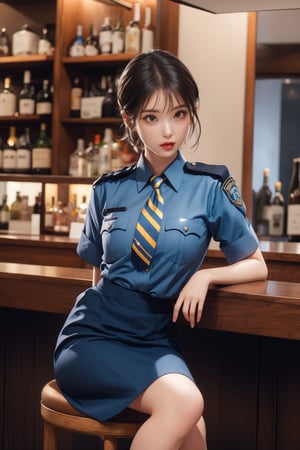 masterpiece,best quality,,retro artstyle,police blue uniform,(police woman), (black necktie,), shirt, skirt, ,kobayakawa miyuki, short hair, black hair,,single braid,low ponytail,sidelocks, bar scene, iu, sitting on bar stool