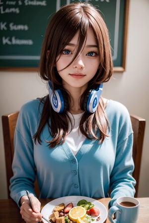 ((masterpiece, 8k, RAW, ultra realistic)), miku nakano, enjoying breakfast before school, long hair, bangs, blue eyes, brown hair, shirt, hair between eyes, shy smile, headphones, blue cardigan, white shirt, GREEN SKIRT, headphones around neck,
,MIKU NAKANO