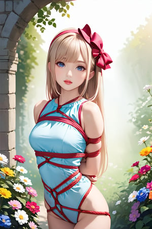 (best quality, highres),blond hair,bow on head,girl,beautiful detailed eyes,beautiful detailed lips,long eyelashes, fancy dress, arms behind back bound, shibari over clothes, bondage, rope, soft facial features,flower garden background, vibrant colors,pleasant lighting,artistic rendering, decorative text:’’TA’’, text:’’1st Anniversary’’,(The cutest girl in the world:1.5),shibari
