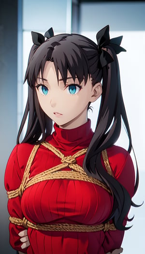 laugh,  1girl, tohsaka rin, solo, long hair, sweater, looking at viewer, blue background, black hair, simple background, two side up, red_turtleneck, blue eyes, lips, closed mouth, ribbon, hair ribbon, bangs, turtleneck sweater, arms behind back bound, arms bent, shibari cross chest boxtie, bondage bust, upper body, parted bangs, black ribbon, ribbed sweater, twintails, nose, high_resolution, high quality,medium_breast_bondage,masterpiece,tohsaka rin,best quality