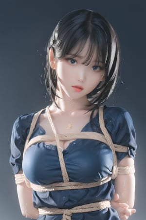 (masterpiece, best quality, highres), college girl, 19 yo, slim body, large head, athletic, black hair, medium hair, unamused look, ((blue Tshirt)), (wet tshirt), portrait, arms behind back bound, arms bent, shibari, bondage, restraint, shibari over clothes, concert stage scene, iu,medium_breast_bondage,shibari,1 girl