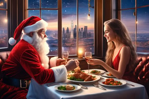 masterpiece, photo realistic, Santa Claus and young beautiful girl having dinner, table by window, scenic view of amazing city skyline,  
,A couple in a restaurant 