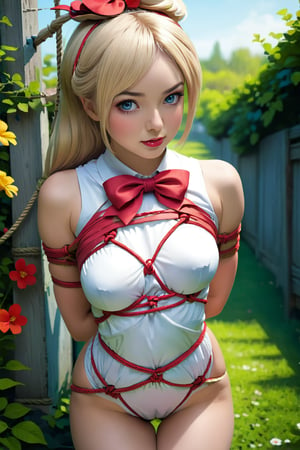 (best quality, highres),blond hair,bow on head,girl,beautiful detailed eyes,beautiful detailed lips,long eyelashes, fancy dress, arms behind back bound, shibari over clothes, bondage, rope, soft facial features,flower garden background, vibrant colors,pleasant lighting,artistic rendering, decorative text:’’TA’’, text:’’1st Anniversary’’,(The cutest girl in the world:1.5),shibari,score_9