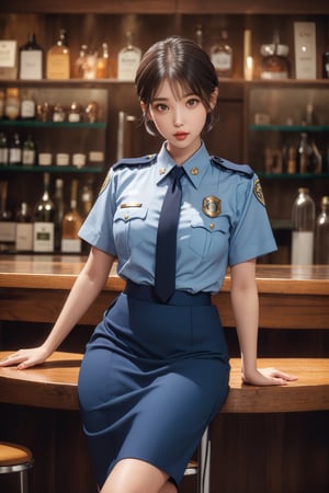 masterpiece,best quality,,retro artstyle,police blue uniform,(police woman), (black necktie,), shirt, skirt, ,kobayakawa miyuki, short hair, black hair,,single braid,low ponytail,sidelocks, bar scene, iu, sitting on bar stool