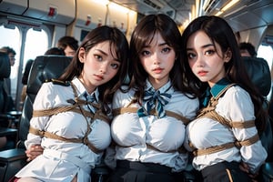 breathtaking, masterpiece,, (ultra Realistic, photorealistic, mastepiece), highest quality, raw photo,3 girls tied up side by side, long hair, brown hair, detailed face, seductive face, stewardess uniform, girls in similar bondage, girls arms behind back bound, shibari, bondage, mid-chest, dynamic pose, looking at viewer, from below, inside crowded airplane full of passengers , detailed background, details , intricate detail, ray tracing, depth of field, low key, nffsw,medium_breast_bondage