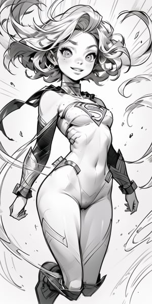 ((Small breasts)), high resolution, 4k, Perfect hands, (((Solo))), slight smile, full lips , masterpiece, best quality, ((1girl)), ((young lady)), rule of thirds, short hair, ((white hair)), ((black and white)),line anime, (((line art))), (((sketch))), superhero, supergirl, floating, ((petite)), full body 