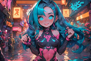 ((Large breasts)), ((((young lady)))), high resolution, 4k, Perfect hands, slight smile, full lips , masterpiece, best quality, ((1girl)), (((solo))), rule of thirds, ((((petite)))), neon lights,Neon Light, orange and blue theme, walking in a cyberpunk city