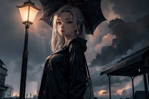 Lit from the front, on  a rainy day a curvy girl standing in bus stop ,in fantasy world dramatic theme dramatic weather dark theme ,Realism,detailed face ,ultra clear face ,sharp image , ultra clearn image and body ,detailed eyes detailed nose detailed lips ,animepull,bul4n