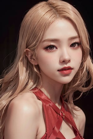 close-up portrait of Rose Blackpink, blonde hair, (red minidress:1.3), k-pop Idol, contrapposto, best quality, ultra high res, (photorealistic:1.3), 1girl, small breasts, (in a nighclub:1.3), 