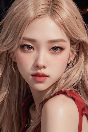 close-up portrait of Rose Blackpink, blonde hair, (red minidress:1.3), k-pop Idol, contrapposto, best quality, ultra high res, (photorealistic:1.3), 1girl, small breasts, (in a nighclub:1.3), 