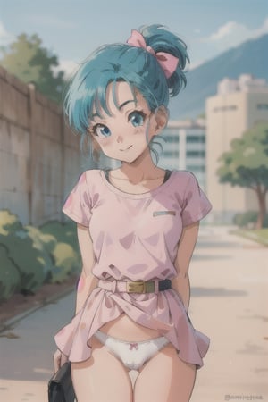 (masterpiece, best quality:1.2), cowboy shot, solo, 1girl, bulma, smile, looking at viewer, arms behind back, braided ponytail, blue hair bow, pink shirt, short sleeves, pink skirt belt pouch,, purple kerchief, ,cartoon , teenager girl, young girl, petit girl, skinny girl, small tits, dragon ball anime style, Akira Toriama style, (shy and blushing), ( orginal Bulma face 1.1) (slightly lifting the dress showing white panties 1.2), (1990s \(style\) 1.4)