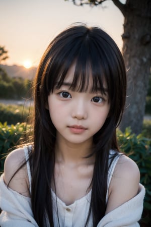 主：(Misty woods under sunset),(((face photo))),
人：1litte 1kid 7yo gril (Child:1.2), Korean beauty,
優：With a very high artistic composition style,Film photo texture,
髮：(((bangs))),(((shiny long hair))),
服：Off-the-shoulder,Open collar sheer tulle,