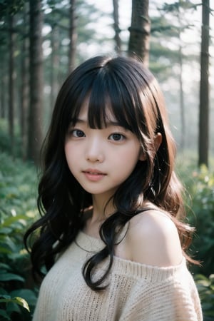 主：(foggy woods),(((face photo))),
人：1litte 1kid 7yo gril (Child:1.2), Korean beauty,
優：With a very high artistic composition style,Film photo texture,
髮：(((Long curly hair))),(((bangs))), 
服：Off-the-shoulder,