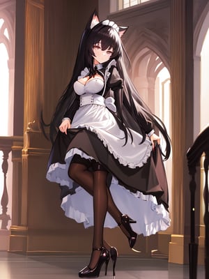 1girl,solo_female,cat_ears,cat_tail,black-hair,long_hair,medium_breast,maid_uniform,black_eyes,pantyhose,thighsa,heels