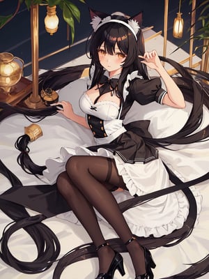 1girl,solo_female,cat_ears,cat_tail,black-hair,long_hair,medium_breast,maid_uniform,black_eyes,pantyhose,thighsa,heels