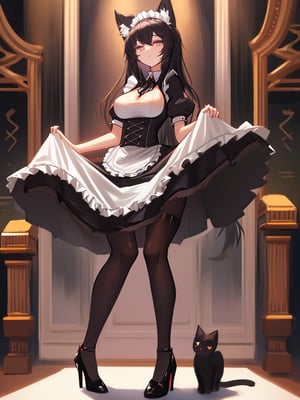 1girl,solo_female,cat_ears,cat_tail,black-hair,long_hair,medium_breasts,maid_uniform,black_eyes,pantyhose,heels