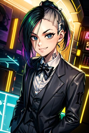 tattoos, ponytail, black suit, white shirt, bow tie, neon light, fancy, smile, 