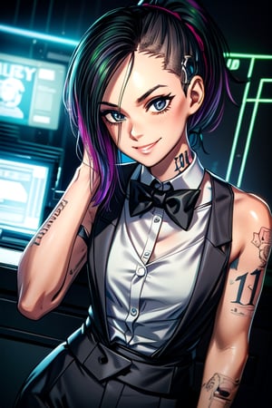 tattoos, ponytail, black suit, white shirt, bow tie, neon light, fancy, smile