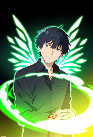1boy, (Countless floating vibrant rhombus wings), vibrant black aura, floating while holding a bright red Rhombus, (glowing Rhombus tattoos), glowing Rhombus arm tattoos, (cinematic angle, depth of field, bokeh, looking at reflection), (((anime))),. short black hair, black eyes,black_collared shirt,best quality, masterpiece, nai3, (Flat_color), (black background), simple background 