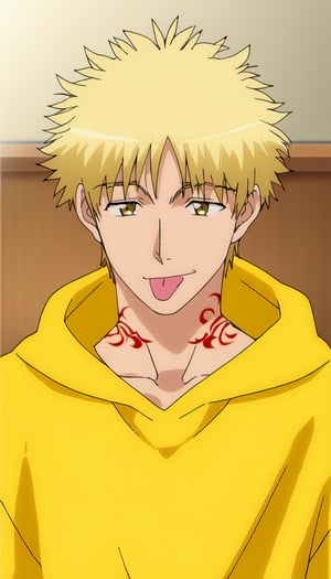 solo, short scruffy blonde hair, 1boy cute, upper body, male focus, hood,floating rhombus, ,screenshot, toned male, toned, slim muscular, very handsome young man, (wearing shirt), lewd expression, (tongue out), in bed, indoors, ((((anime)))), (((bright yellow rhombus outline tattoo on neck)))