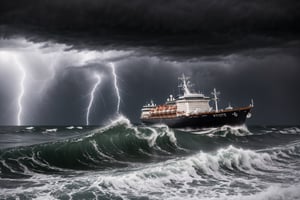 "Generate an ultra-high definition image portraying the Black Pearl, an aged pirate ship, listing precariously on its side amidst a tempestuous storm. Utilize advanced composition techniques to emphasize the ship's vulnerability and the colossal waves that threaten to engulf it.

Position the camera at a dramatic angle to capture the ship's tilted perspective, employing a wide-angle lens to accentuate the expanse of the storm-tossed ocean. Implement diffused and dynamic lighting to enhance the ship's worn textures and the natural contours of the waves.

Utilize a medium shutter speed to depict the turbulent movement of the ocean waves, freezing dramatic moments where water crashes against the ship's hull. Experiment with exposure settings to capture the stark contrast between the darkened sky and the intense lightning flashes that illuminate the scene.

Frame the Black Pearl within the composition using the rule of thirds, allowing the viewer's gaze to absorb both the grandeur of the waves and the ship's precarious situation. Enhance the image's color palette to evoke the somber mood, with deep blues and grays contrasting against the fiery bursts of lightning.

Implement post-processing techniques to refine the image's contrast, sharpness, and color balance, ensuring that every element, from the ship's intricate rigging to the frothy textures of the waves, is rendered with stunning realism.

Ultimately, capture the perilous beauty of a pirate ship in the throes of a fierce storm, inviting viewers to witness the clash between human audacity and the awe-inspiring forces of nature in an image that resonates with tension and drama."