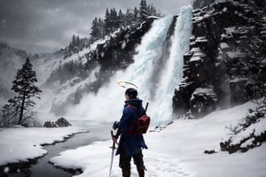 "Craft an ultra-high definition scene where a rugged swordsman sets up camp amidst a relentless blizzard near a majestic waterfall. Employ advanced exposure settings to capture the interplay of light and snow, ensuring that each snowflake is meticulously detailed, adding depth to the stormy atmosphere.

Utilize a slow shutter speed to evoke the sensation of movement in the falling snowflakes, creating a dynamic visual effect. Experiment with the aperture to achieve a deep depth of field, allowing the viewer to appreciate both the intricate details of the swordsman's gear and the distant grandeur of the waterfall.

Position the swordsman thoughtfully within the frame using the rule of thirds, anchoring him amidst the swirling snow and the cascading water, evoking a sense of resilience in the face of nature's fury. Use a tripod to maintain utmost stability and sharpness in the image, ensuring that even the tiniest snowflake remains crisply defined.

The swordsman's presence should exude strength and determination, his attire a striking contrast against the blizzard's stark white backdrop. Enhance his silhouette with rim lighting, providing a halo effect that emphasizes his rugged silhouette against the falling snow. Employ post-processing techniques to subtly enhance the color palette, emphasizing the cool blue tones of the blizzard and the natural richness of the swordsman's surroundings.

Ultimately, capture a moment that tells a story of survival, skill, and solitude amidst the untamed beauty of nature's harshest elements."