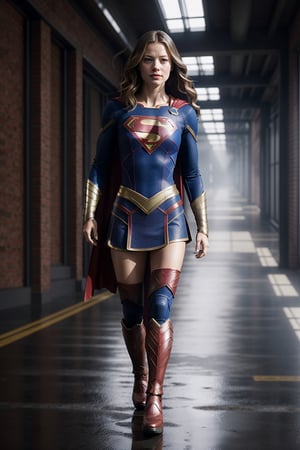 melissa benoist, super girl costume, fit body, standing, walking forward, ultra high-resolution, Photorealism,FutureArmor