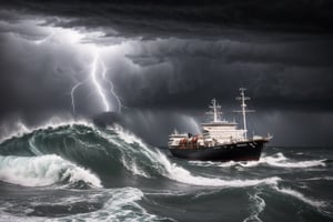 "Generate an ultra-high definition image portraying an old wooden pirate ship caught in a tempest, tilting precariously to the side amidst colossal ocean waves that threaten to capsize it. Utilize advanced framing techniques to capture the ship at a dynamic angle that accentuates its vulnerability and the tumultuous sea.

Position the camera to showcase the dramatic tilt of the ship, using a low angle to emphasize its height against the towering waves. Implement a fast shutter speed to freeze the chaotic motion, capturing the splashes and foam of the waves with utmost clarity.

Employ diffused lighting to highlight the ship's timeworn textures and the churning waves, creating an interplay of light and shadow that adds depth to the composition.

Capture the moment when lightning illuminates the dark sky, emphasizing the storm's intensity and the ship's isolation. Utilize a slightly longer exposure time to capture the lightning strikes as vivid bursts of light within the dark atmosphere.

Experiment with color balance settings to convey the storm's ominous atmosphere, using deep blues and grays to evoke the darkness of the tempest. Enhance the image's color contrast to create separation between the ship and the turbulent sea.

Implement post-processing techniques to refine the image's contrast, sharpness, and color balance, ensuring that each detail, from the ship's tattered sails to the wild patterns of the waves, is rendered with breathtaking clarity.

Ultimately, capture a moment of peril and adventure as the pirate ship battles the elements, inviting viewers to experience the grandeur and danger of a storm-tossed sea in a single, captivating image."