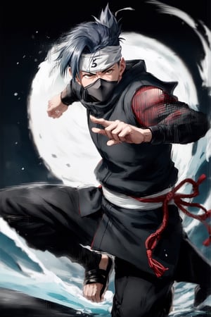 "Generate an ultra-high definition image capturing Kakashi Sensei in a dynamic ninja pose. Utilize a fast shutter speed to freeze the motion, ensuring every detail of his pose is crisply defined. Implement a shallow depth of field with a wide aperture, focusing sharply on Kakashi Sensei while allowing the background to blur into a pleasing bokeh.

Employ a low-angle shot to emphasize Kakashi Sensei's commanding presence and create a sense of height. Utilize side lighting to enhance the contours of his figure and highlight his iconic ninja attire.

Position the camera to capture Kakashi Sensei mid-pose, with one leg raised and arms extended in a dynamic stance. Utilize the rule of thirds to compose the image, placing Kakashi Sensei off-center to create visual interest and balance.

Enhance the image's color palette to emphasize Kakashi Sensei's cool blue attire and the contrasting warm tones of his hair. Experiment with post-processing techniques to bring out the textures of his clothing and accessories, creating a sense of tactile realism.

Capture the essence of Kakashi Sensei's expertise and agility in a single frame, where his ninja prowess is frozen in time. The image should convey energy, skill, and a touch of mystery, inviting viewers into the captivating world of ninja artistry."