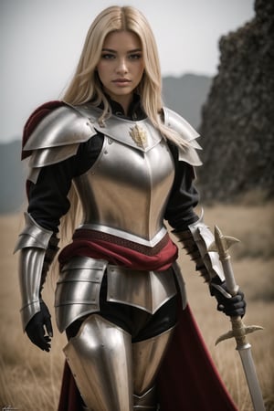 anne curtis, lady knight, intricate grand knight armor, long blonde hair, fit body, detailed face, real life, doing a knight pose, carrying a giant sword on her back, Hi-resolution 