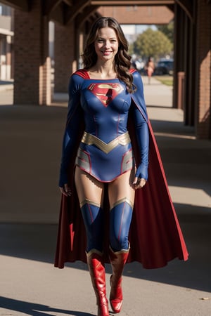 melissa benoist, super girl costume, smiling face, fit body, sexy body, big breast, red long cape, blue top, standing, walking forward, ultra high-resolution, Photorealism,FutureArmor