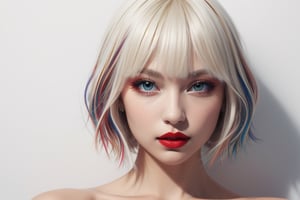 1girl,solo, upper body,looking at viewer, white background, bob cut, short hair, multicolored hair, makeup , parted lips, red lips, eyeliner, 