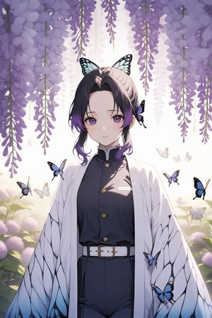 score_9, score_8_up, score_7_up, score_6_up, masterpiece, best quality, highres, absurdres, beautiful lighting, natural light, soft lighting,
1girl, shinobu kochou, animal print, black hair, butterfly, butterfly hair ornament, butterfly print, forehead, gradient hair, hair ornament, haori, multicolored hair, parted bangs, purple hair, short hair, two-tone hair, belt, black pants, butterfly print, coat, demon slayer uniform, haori, japanese clothes, pants, uniform, (portrait, serene, field of flowers, Wisteria flower) at night, flowing butterfly, 