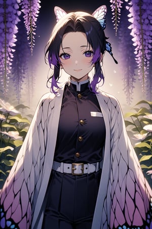 score_9, score_8_up, score_7_up, score_6_up, masterpiece, best quality, highres, absurdres, beautiful lighting, natural light, soft lighting,
1girl, shinobu kochou, animal print, black hair, butterfly, butterfly hair ornament, butterfly print, forehead, gradient hair, hair ornament, haori, multicolored hair, parted bangs, purple hair, short hair, two-tone hair, belt, black pants, butterfly print, coat, demon slayer uniform, haori, japanese clothes, pants, uniform, (portrait, serene, light smile, field of flowers, Wisteria flower, at night, flowing butterfly, ) 