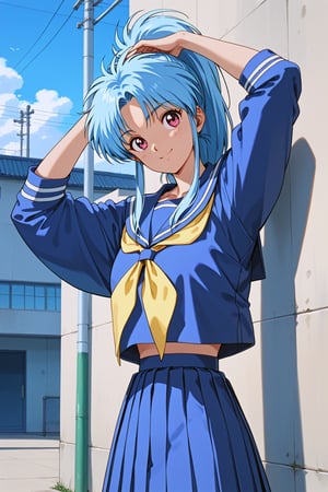 score_9, score_8_up, score_7_up, score_6_up, score_anime, masterpiece, best quality, ultra-detailed, highres, absurdres, 
1girl, solo,botan  \(yu yu hakusho\), ponytail, blue hair, parted bangs, pink eyes, 
serafuku, sailor collar, yellow neckerchief, blue shirt, blue skirt, 
school, schoolyard, outdoors, 
standing, contrapposto, arms above front, head tilt, light smile, light blush, looking at viewer, 