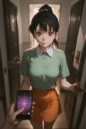 score_9, score_8_up, score_7_up, score_6_up, source_anime, masterpiece, best quality, ultra-detailed, highres, absurdres, cinematic lighting, 
1girl, Michiko_minamoto, black hair, ponytail,  black eyes, 
green shirt, collared, short sleeves,  orange skirt, 
doorway, front door, answering door, hand on door, opening door, 
looking at viewer, 
1boy, mind control, hypnosis, smartphone, pov holding phone, 
female focus, 3/4 angle view, three quarter view, from below, 