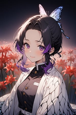 score_9, score_8_up, score_7_up, score_6_up, masterpiece, best quality, highres, absurdres, beautiful lighting, natural light, soft lighting,
1girl, shinobu kochou, animal print, black hair, butterfly, butterfly hair ornament, butterfly print, forehead, gradient hair, hair ornament, haori, multicolored hair, parted bangs, purple hair, short hair, two-tone hair, belt, black pants, butterfly print, coat, demon slayer uniform, haori, japanese clothes, pants, uniform, (portrait, serene, light smile, field of flowers, amaryllis, at night, flowing butterfly) Reaching arms forward, looking at viewer, 