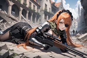 score_9, score_8_up, score_7_up, score_6_up, source_anime, masterpiece, best quality, ultra-detailed, highres, absurdres, Expressiveh, 
1girl, solo, cz2128_delta \(overlord\), 1girl, long hair, green eyes, orange hair, eyepatch, 
maid, maid headdress, camouflage, green scarf, gloves, dress, boots, armor, gun, 
collapsed medieval European city centres, rubble, outdoors, 
sniper girl, lying, on stomach, rifle, holding rifle, sniperrifle, AIM, 