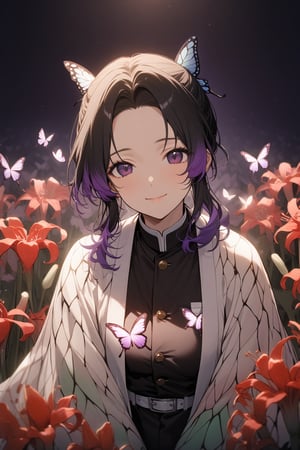 score_9, score_8_up, score_7_up, score_6_up, masterpiece, best quality, highres, absurdres, beautiful lighting, natural light, soft lighting,
1girl, shinobu kochou, animal print, black hair, butterfly, butterfly hair ornament, butterfly print, forehead, gradient hair, hair ornament, haori, multicolored hair, parted bangs, purple hair, short hair, two-tone hair, belt, black pants, butterfly print, coat, demon slayer uniform, haori, japanese clothes, pants, uniform, (portrait, serene, light smile, field of flowers, amaryllis, at night, flowing butterfly, Reaching arms forward, looking at viewer), 